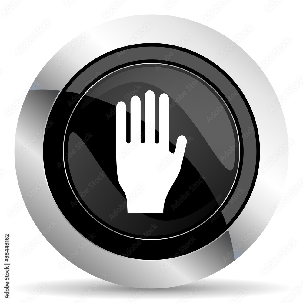 stop icon, black chrome button, hand sign stop icon, black chrome button, hand sign