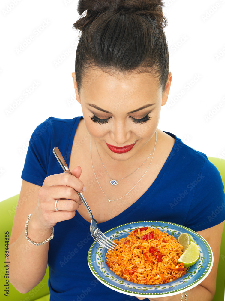 Beautiful Young Attractive Hispanic Woman Holding A Plate of Mexican Chilli Rice Beautiful Young Attractive Hispanic Woman Holding A Plate of Mexican Chilli Rice