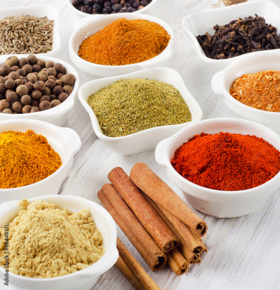 Powder spices in bowls