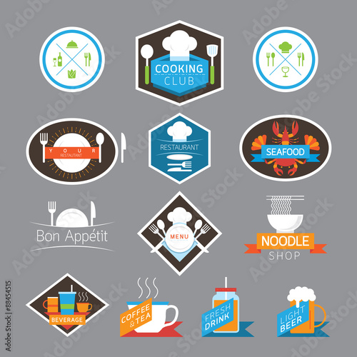 Food, Beverage, Cooking Labels and Badges, Flat Design Style