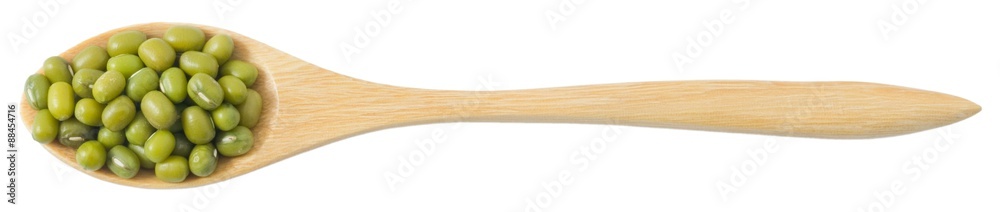Mung Beans in Wooden Spoon on White Background Mung Beans in Wooden Spoon on White Background