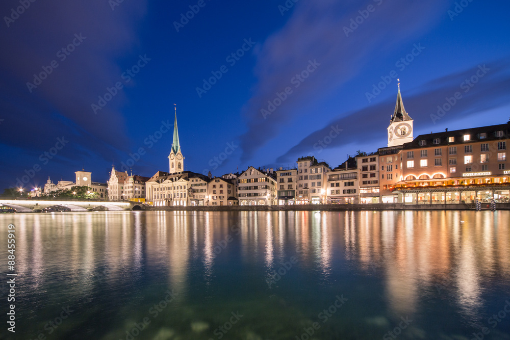 Limmat riverside with famous churches, Zurich