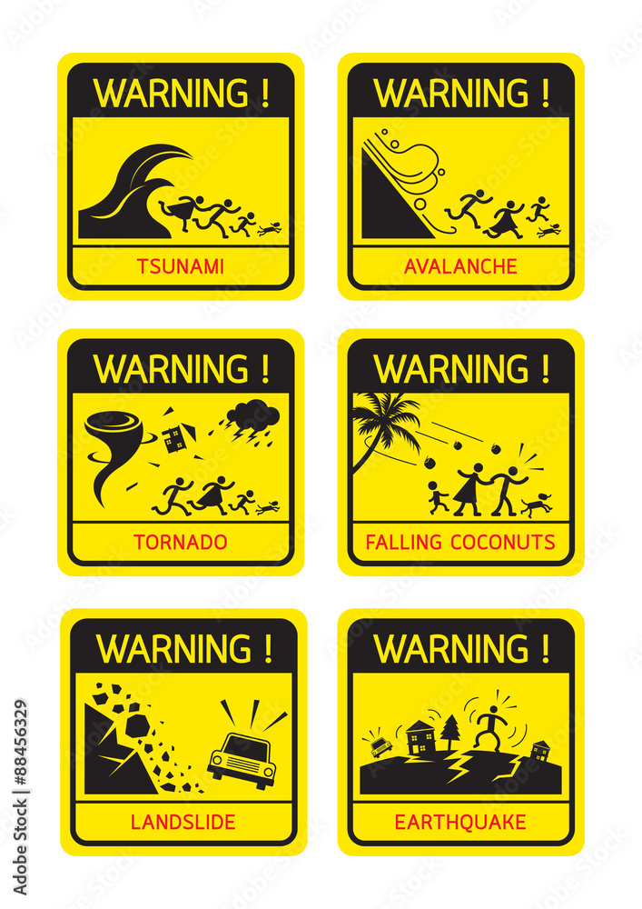 Natural Disaster Warning Signs, Family Running, Caution, Danger, Hazard