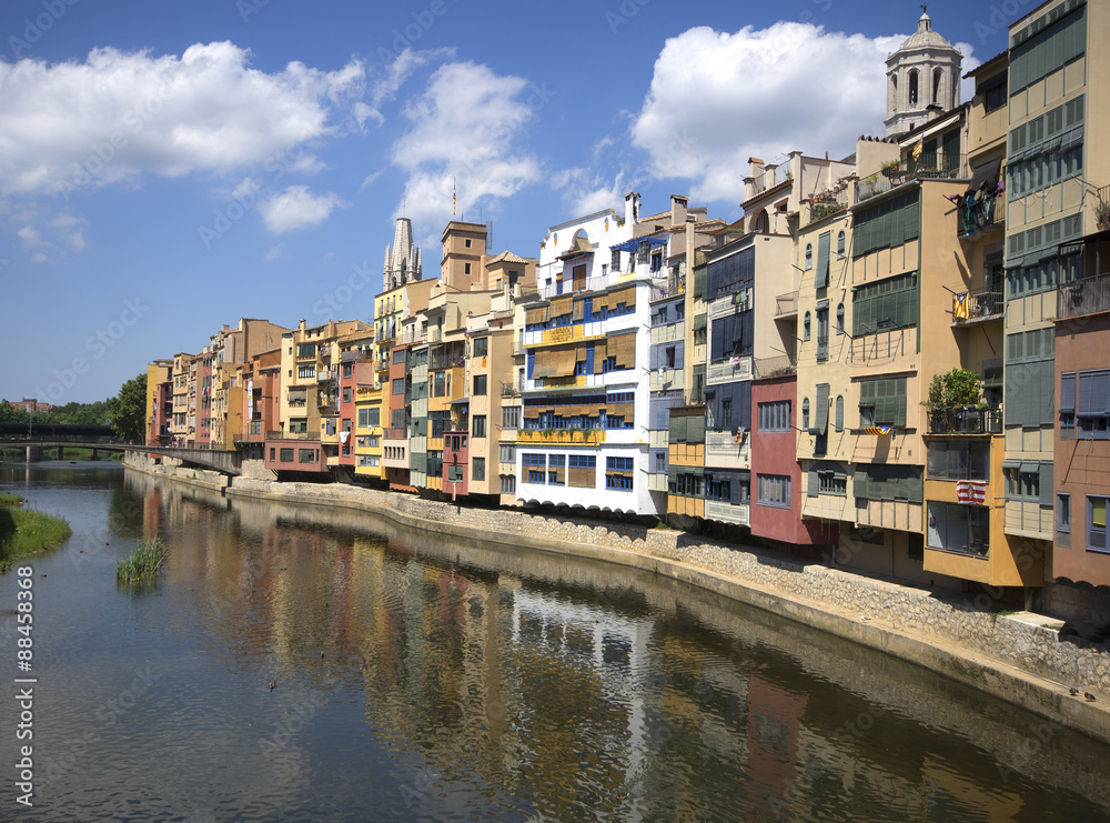 view of river and picturesque houses in Girona. Catalonia