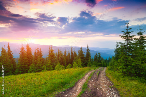 Colorful summer sunset in the Carpathian mountains.