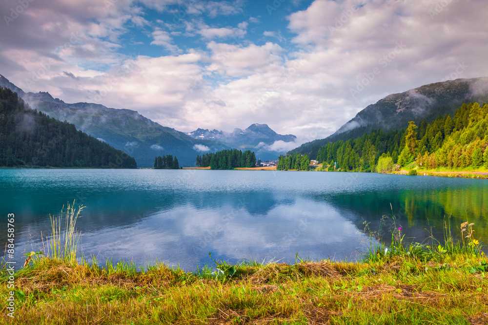 Colorful summer morning on the Champferersee lake
