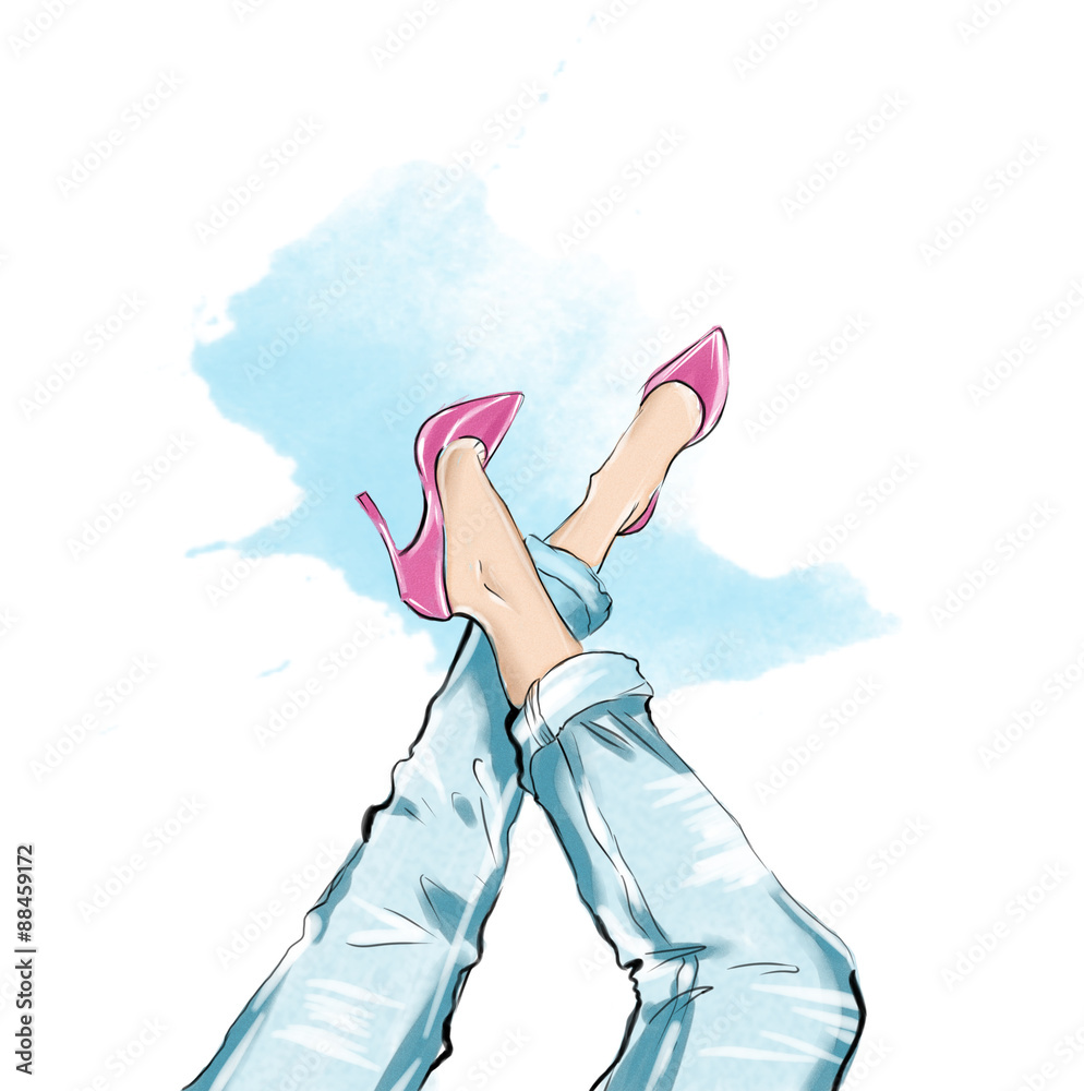 Obraz Akwarela ręcznie rysowane ilustracja - dziewczyna nosi obcasy i niebieskie jeansy denim