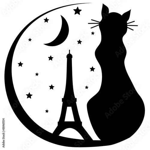cat with Eiffel tower silhouette black and white vector logo illustration