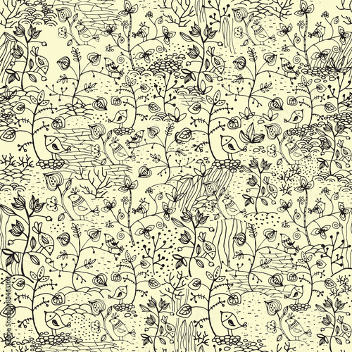 Seamless pattern with unusual plants and birds, hand-painted