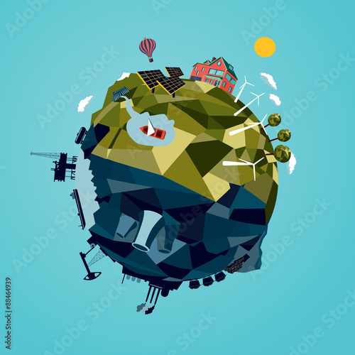 Ecology & Energy. Globe with alternative and traditional energy sources. Low poly style. eps10
