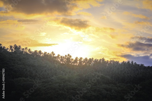 Beautiful Sunset With Mountains and Palms in Koh Samui. Thailand