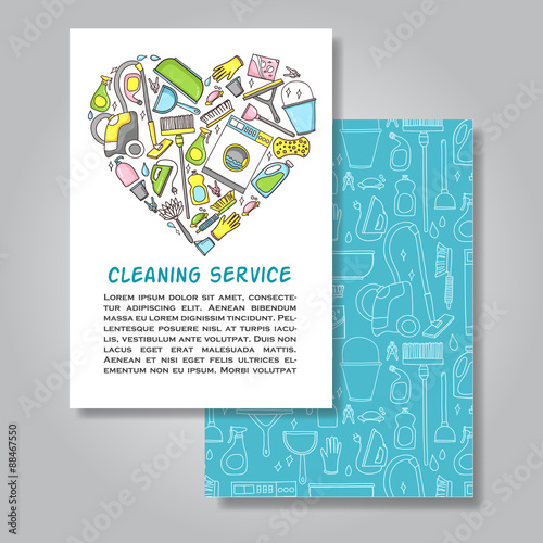 Two sides invitation card design with cleaning equipment illustr