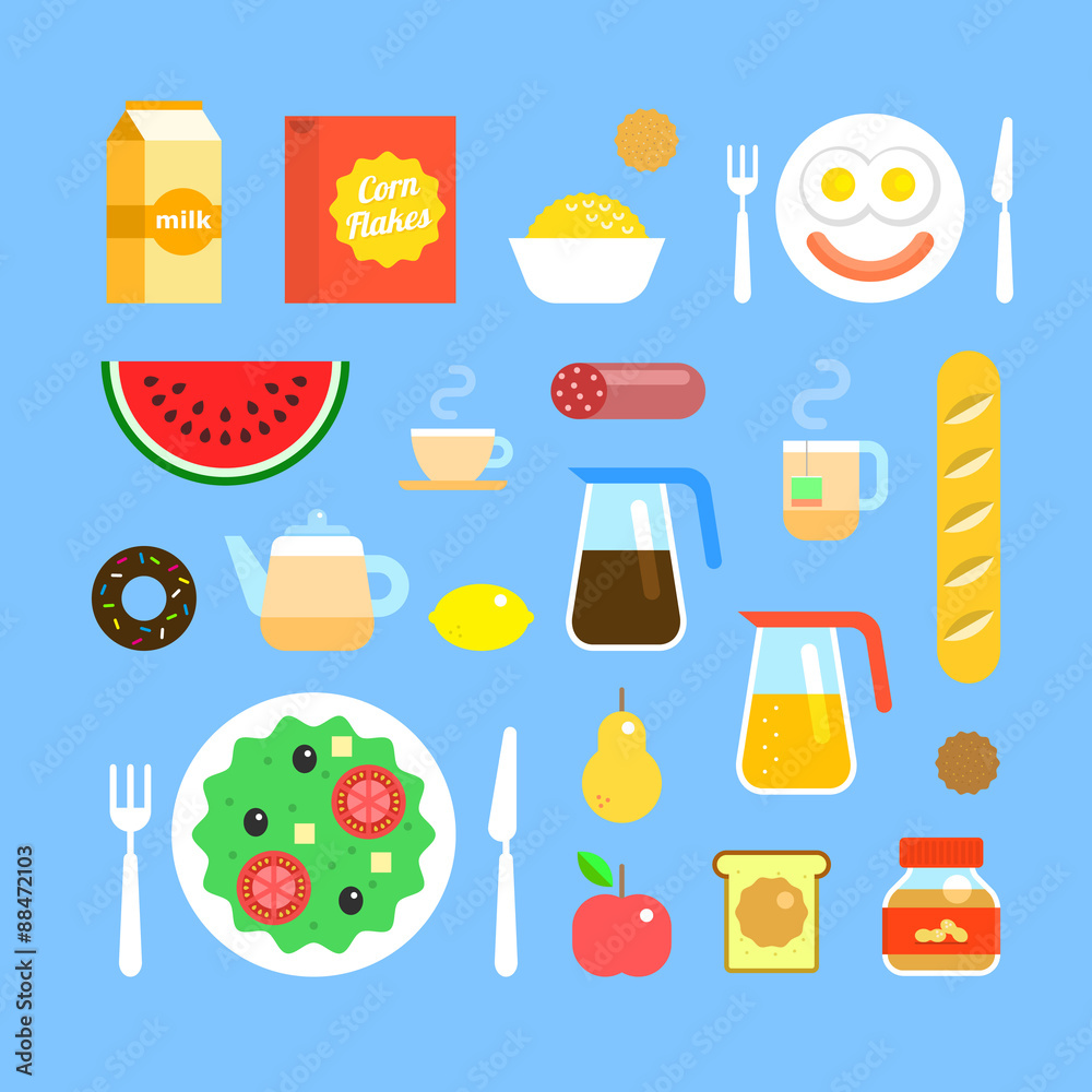 Set of colorful breakfast icons in flat style. Fresh delicious food and drinks, fruit, tea, coffee and juice. American breakfast. Light beverages and snacks. Stock vector icons. Set of colorful breakfast icons in flat style. Fresh delicious food and drinks, fruit, tea, coffee and juice. American breakfast. Light beverages and snacks. Stock vector icons.
