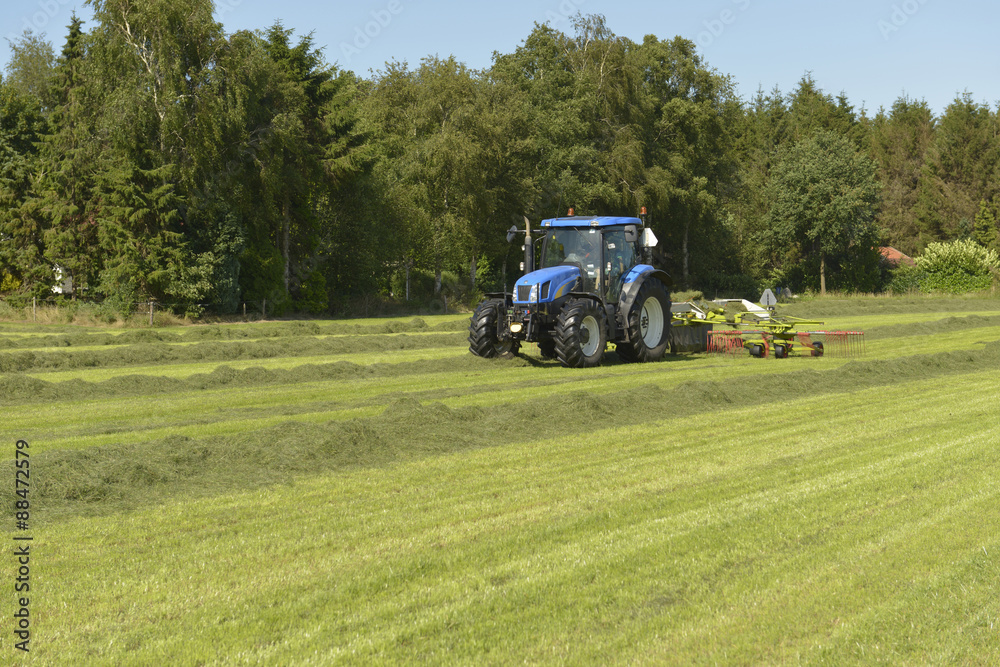 Agriculture, the kidding of shaken grass with blue tractor with Agriculture, the kidding of shaken grass with blue tractor with