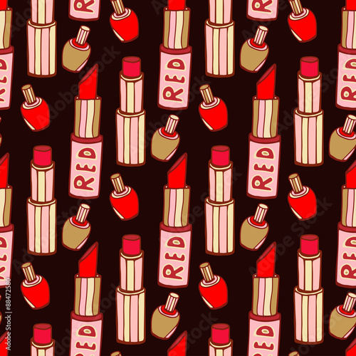 Seamless pattern with  red lipsticks and nail varnish. Hand drawn fashion vector texture on dark background.