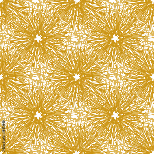 Gold vector seamless pattern with bright firework flowers. Seamless texture for web, print, wallpaper, wrapping, home decor, fashion print, wedding invitation background, textile design