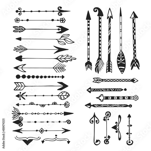 Cute arrows, hand drawn doodles set. Tribal, ethnic, hipster arrows sketch collection for design