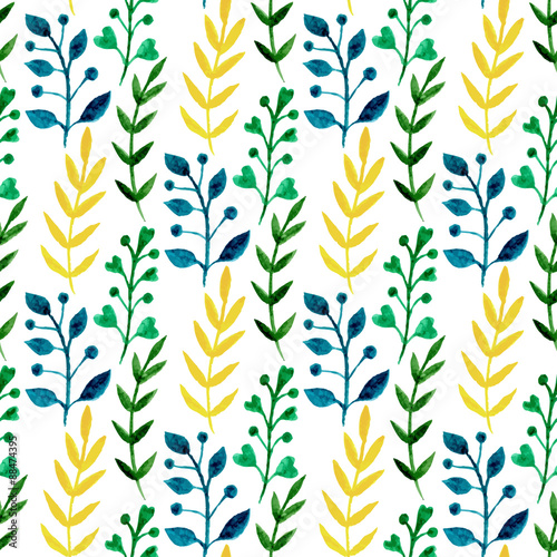 Watercolor seamless floral pattern with colorful leaves and branches. Hand paint vector spring or summer background. Can be used for wrapping, textile, wallpaper and package natural product design.
