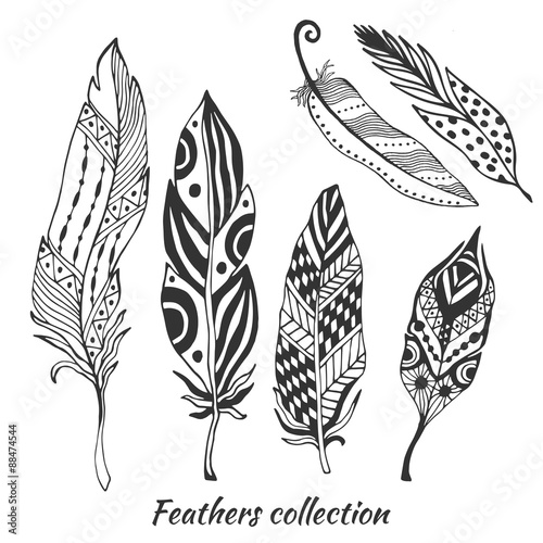 Hand drawn stylized feathers vector collection. Set of doodle tribal feathers. Cute zentangle feather for your design.