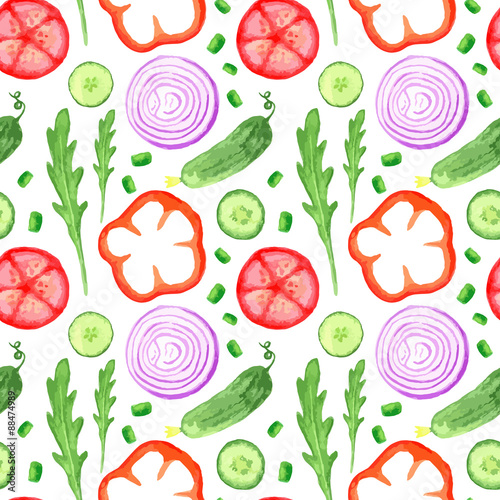 Hand paint watercolor seanless pattern with vegetables set eat local farm market rustic illustrations with a arugula, onion, pepper, cucumber, tomato, radish. Summer ingredients  for salads. Vector