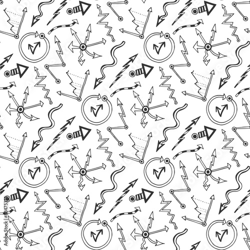 Vector business seamless pattern with doodles arrows and diagram elements.  Black and white sketchy for business presentations. Wallpaper, pattern fills, textile, web page background, surface texture