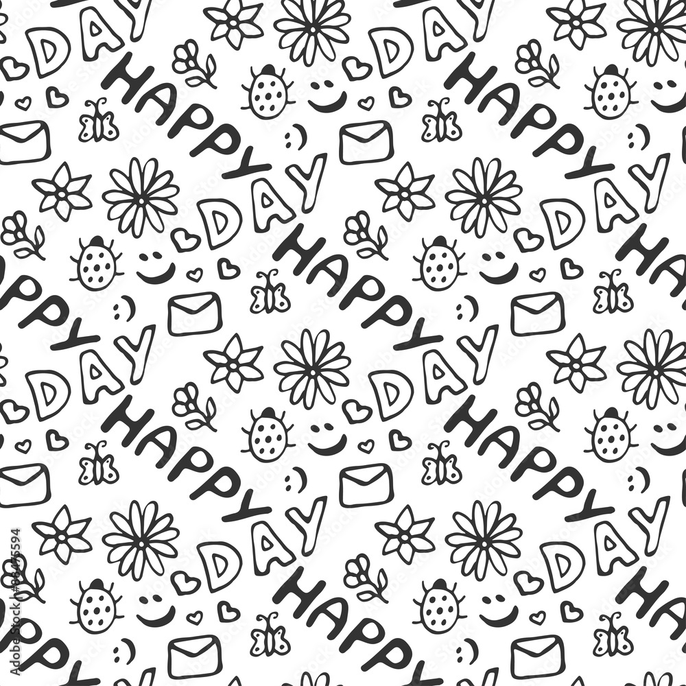 Cute doodle seamless pattern with hearts, flowers, ladybirds, smiles, butterfly and letter. Happy day background. Cute doodle seamless pattern with hearts, flowers, ladybirds, smiles, butterfly and letter. Happy day background.