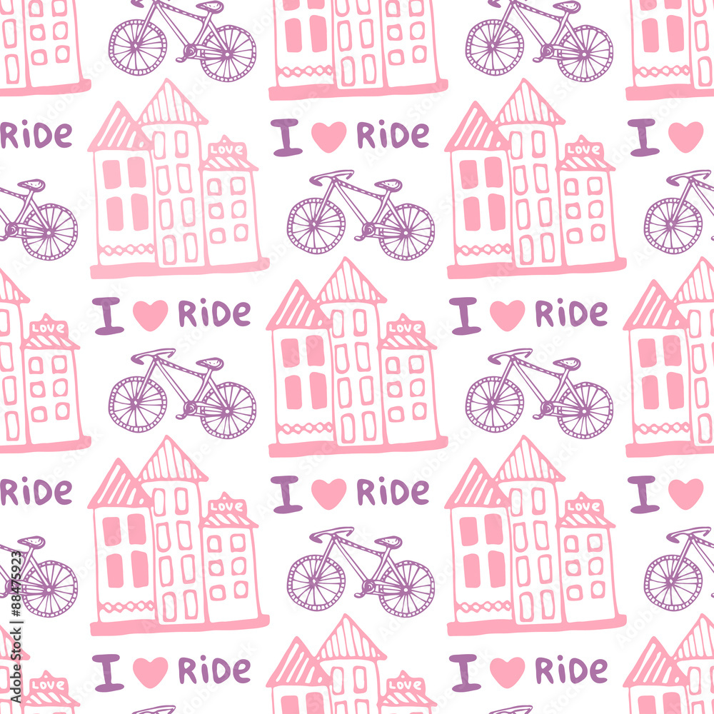 Hand drawn seamless pattern with cute houses and bicycle in pink colors. Illustration background in vector. Used for wallpaper, wrapping, web page background, surface textures Hand drawn seamless pattern with cute houses and bicycle in pink colors. Illustration background in vector. Used for wallpaper, wrapping, web page background, surface textures