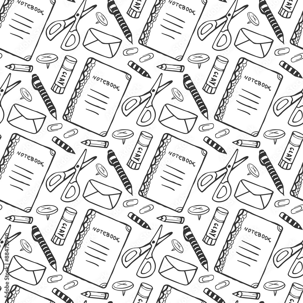 Hand drawn seamless pattern with school stationery tools. Vector black and white background in doodle style. School tools texture.