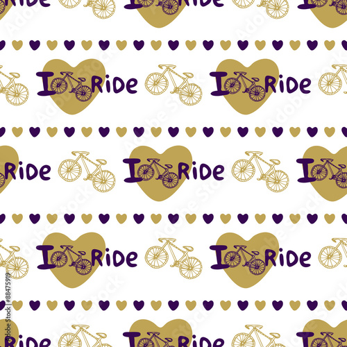 Stylish hand drawn seamless pattern with bikes and hearts in gold color. Vector background with bicycle. You can use for wrapping, wallpaper