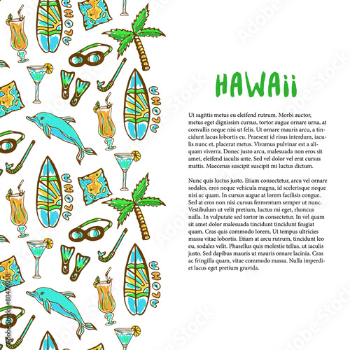 Hand drawn surfing and diving decoration. Hawaii holiday. Tourism vector background. Banner or poster