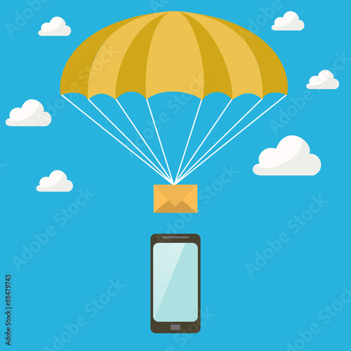 SMS goes down on a parachute from the sky into the phone