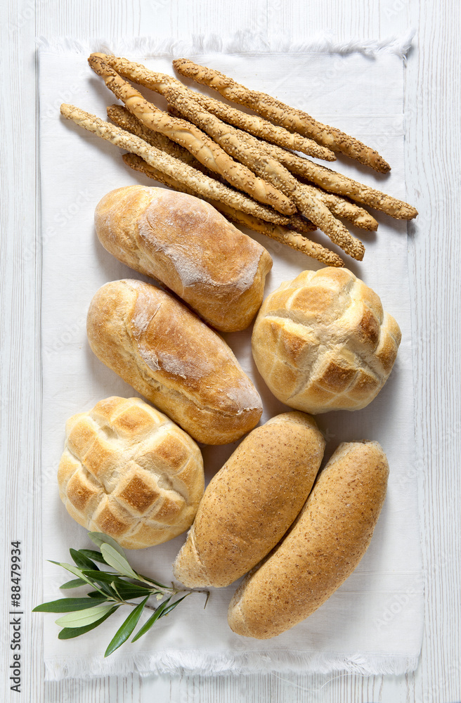 fresh homemade Italian bread: ciabatta, wholemeal, turtle, gress
