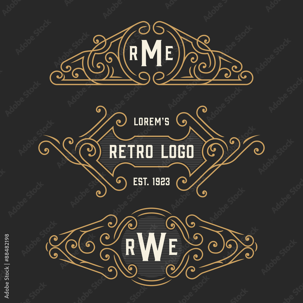 The set of stylish vintage logo and monogram emblem templates. Elegant retro frames ornament logo design. Vector illustration.