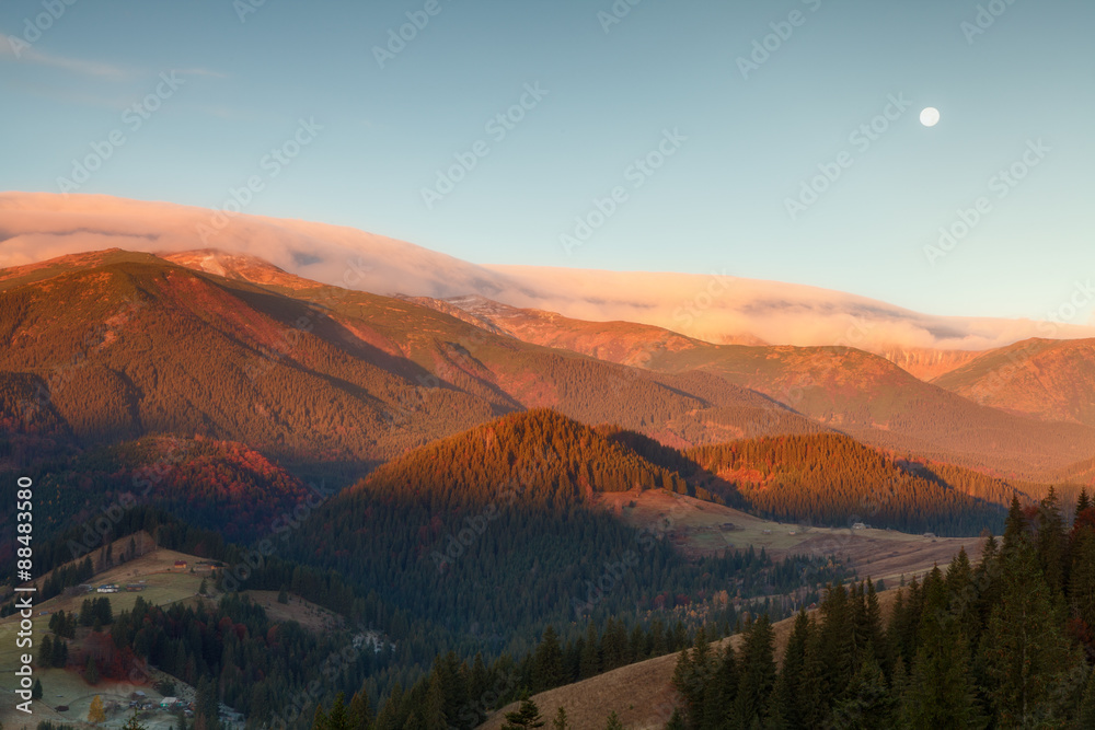 Autumn landscape in the Carpathians near the village of Dzembronia.