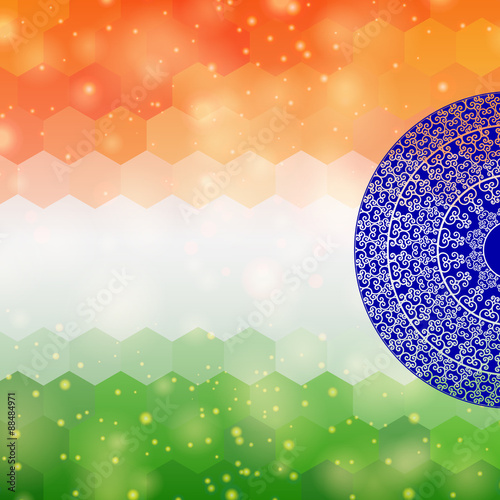 Indian flag design, on festive and glitter bokeh background photo