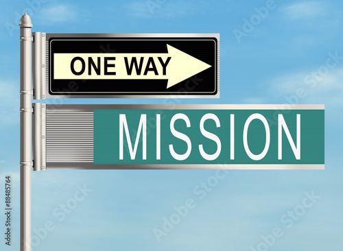 Mission. Road sign on the sky background. Raster illustration.