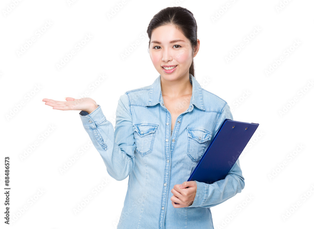 Woman hold with clipboard and open hand palm Woman hold with clipboard and open hand palm