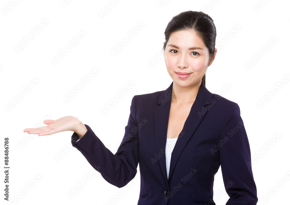 Asian businesswoman with open hand palm Asian businesswoman with open hand palm