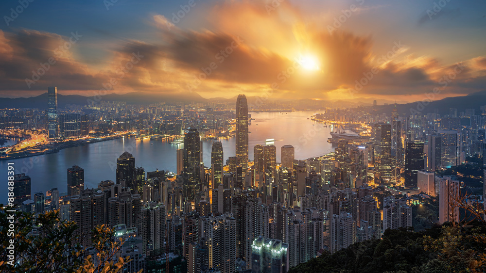 Sunset over Victoria Harbor as viewed atop Victoria Peak