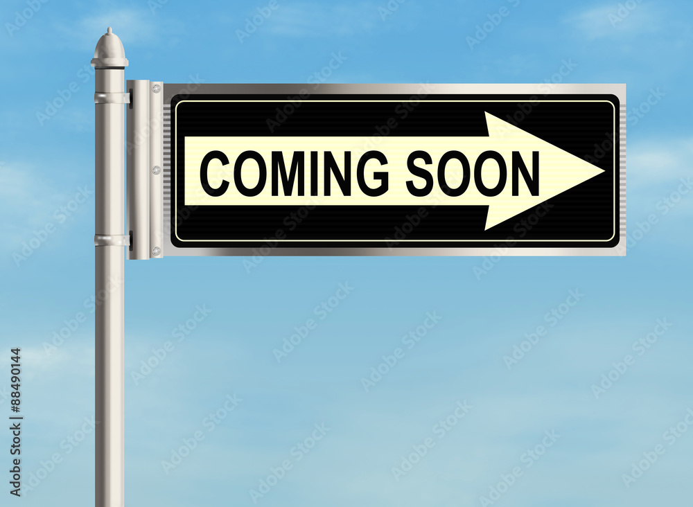 Coming soon. Road sign on the sky background. Raster illustration. Coming soon. Road sign on the sky background. Raster illustration.