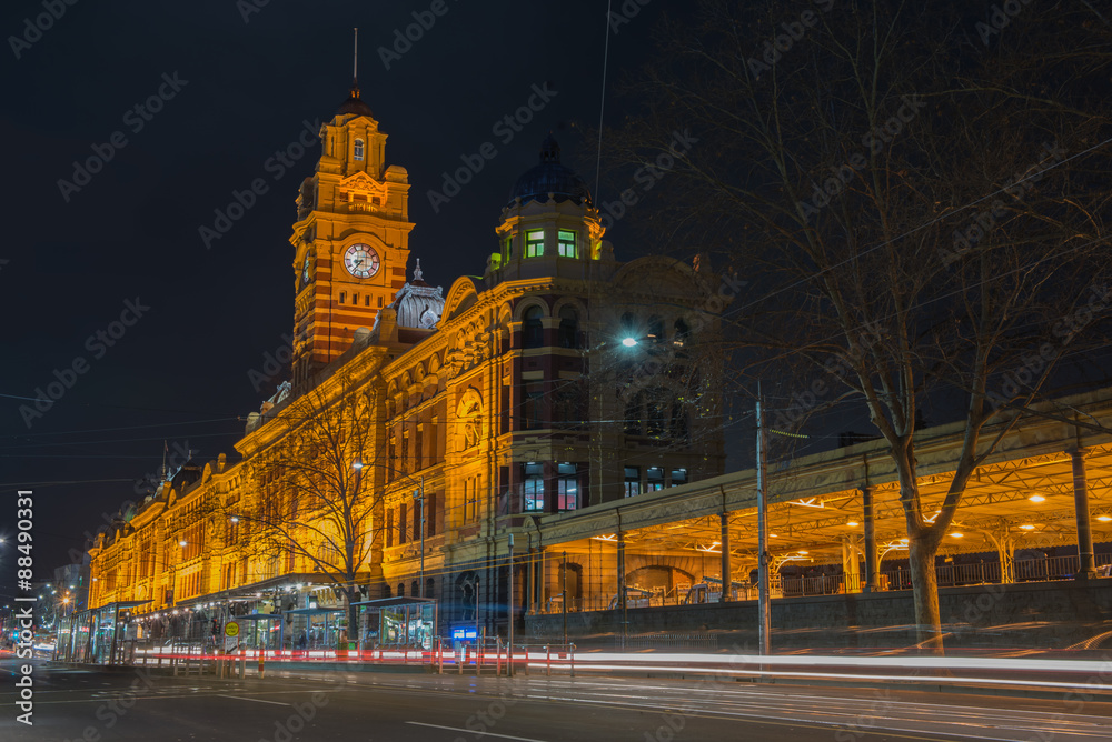 Flinders Street Railway Station at  night time, Melbourne city , Australia.