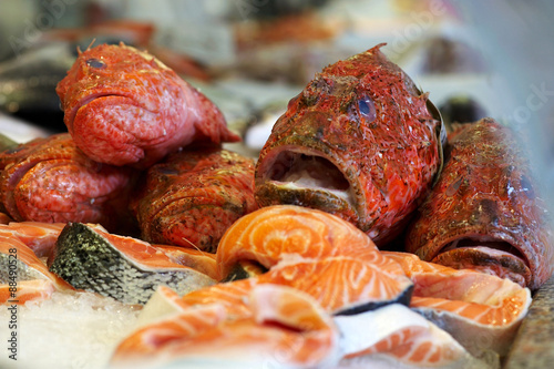 Fotografi Fresh red scorpionfish and salmon stakes at fishmongers