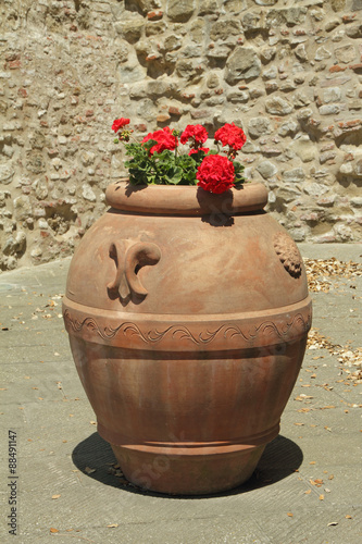 Fototapeta Naklejka Na Ścianę i Meble -  classic planter in tuscan terracotta with red pelargounium flowe