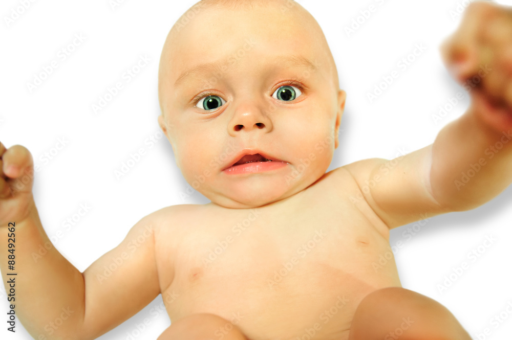 Sweet and very funny little baby shows its strength, naked Stock Photo |  Adobe Stock