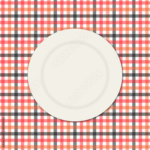 White plate on a checkered tablecloth vector illustration