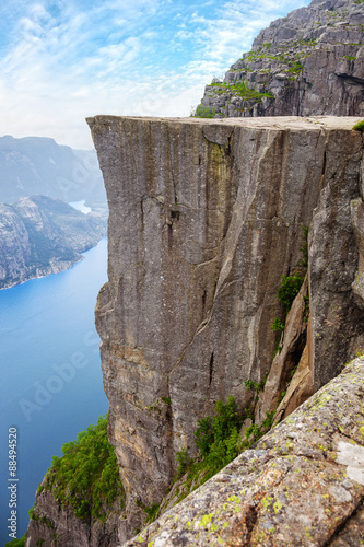 Side view of famous Pulpit Rock above Lysefjord in Norway.