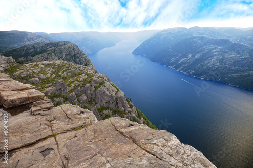 Beautiful view of Lysefjord view from Preikestolen cliff in Norway.