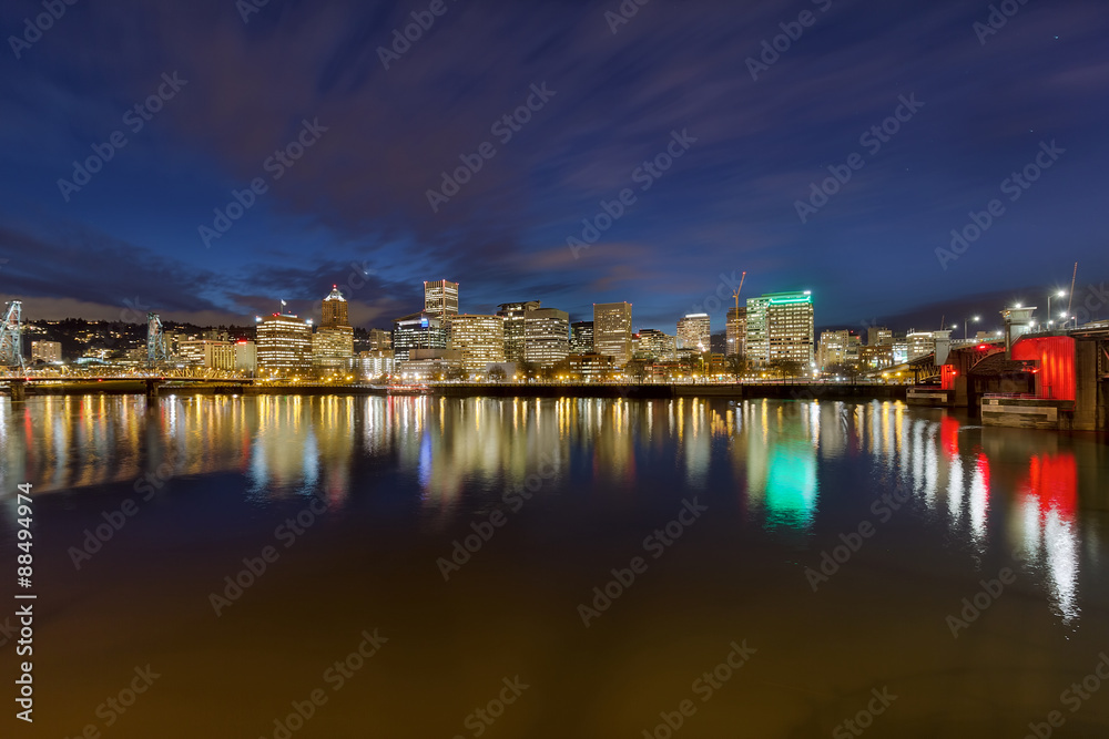 Portland Oregon Downtown Skyline and Bridges at Twilight 