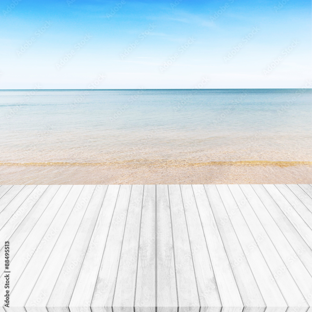 white gray wooden floor ,sea and blue sky background. Summer on
