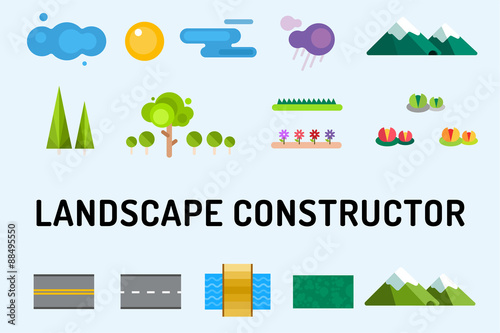 Abstract landscape constructor icons set. Buildings, houses